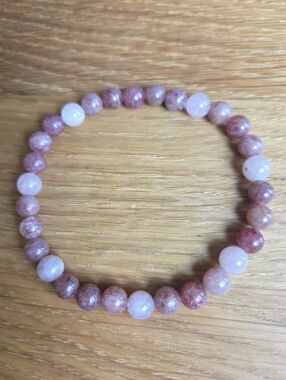 Pink Strawberry Quartz & Rose Quartz Bead Stretch Bracelet, Handcrafted